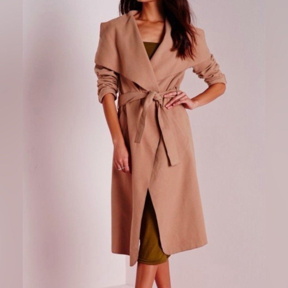Missguided Tan Wrap Coat with Waterfall Collar